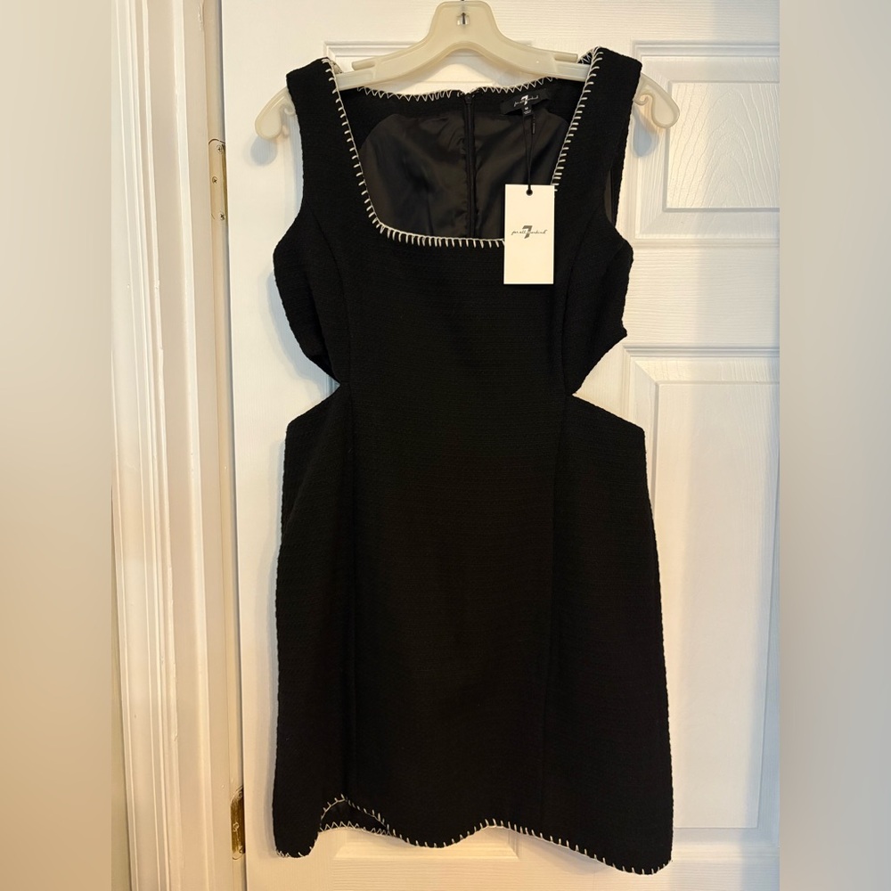 7 FOR ALL MANKIND Black and white contrast stitch sleeveless cutout tweed dress